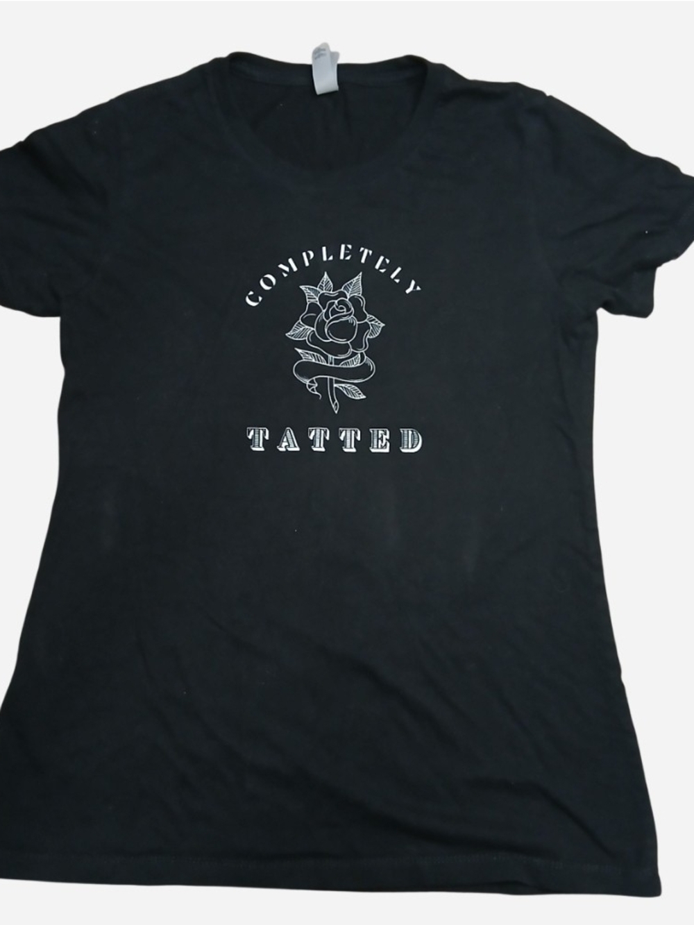 Next Level Apparel Black Tee with White 'Completely Tatted' Rose Graphic